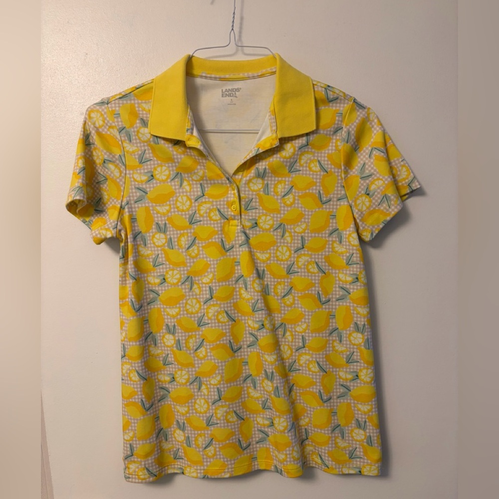Lands' End Women's Yellow Lemon Print Polo shirt size Small EUC